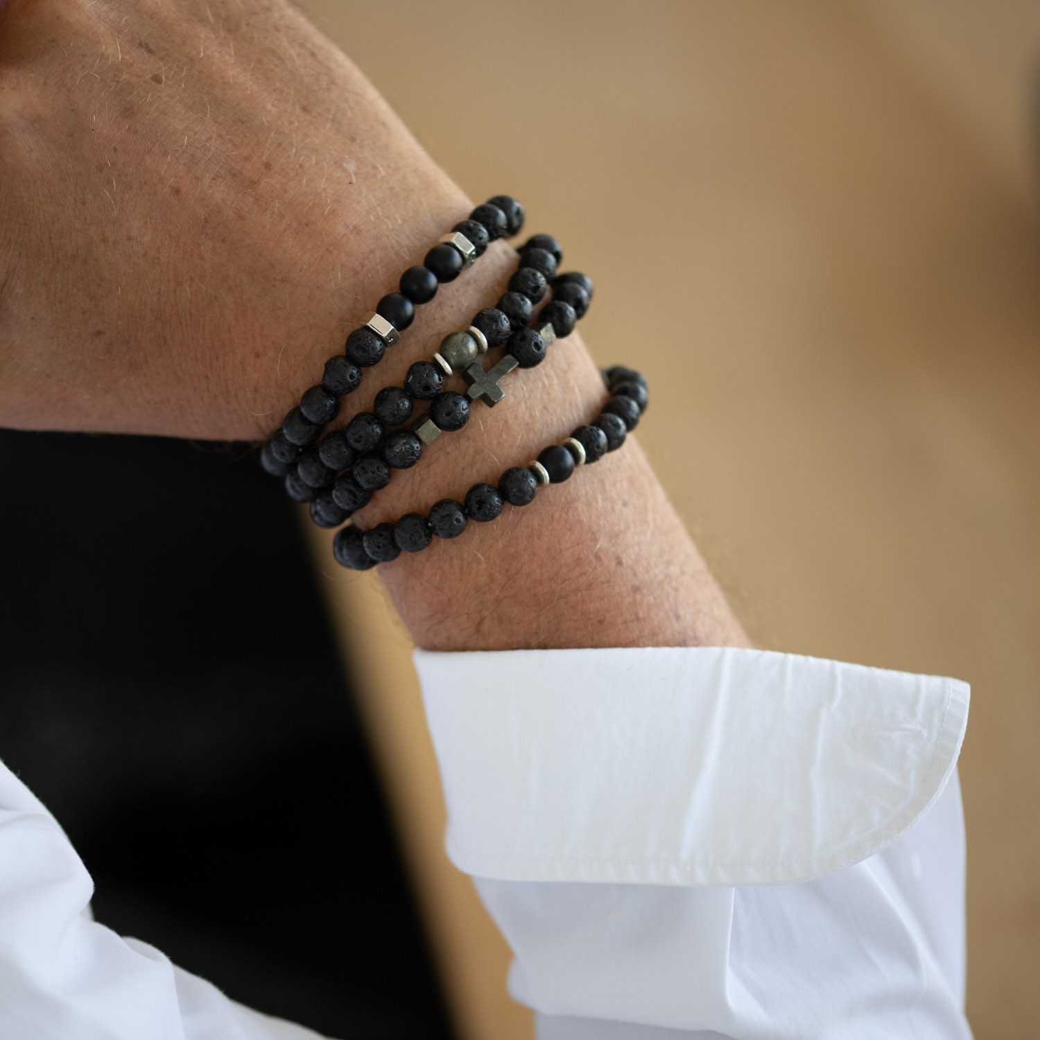 Bracelet Homme Perle Onyx Noir et Pierres de Lave - Bracelets Tendances