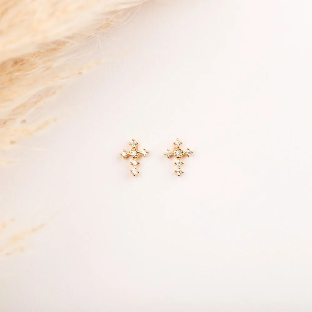 Boucles d'oreilles - Croix diamantée - Plaqué or - ELSA