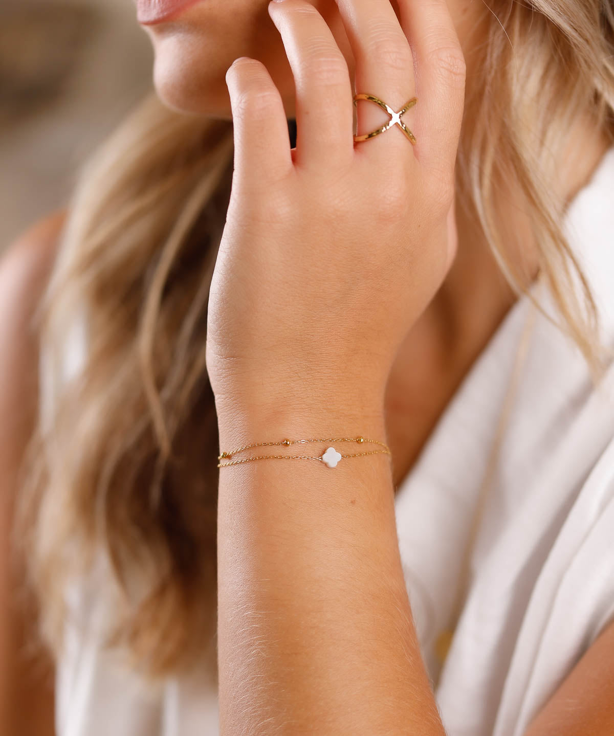 bracelet double rang en acier inoxydable et nacre pour femme 