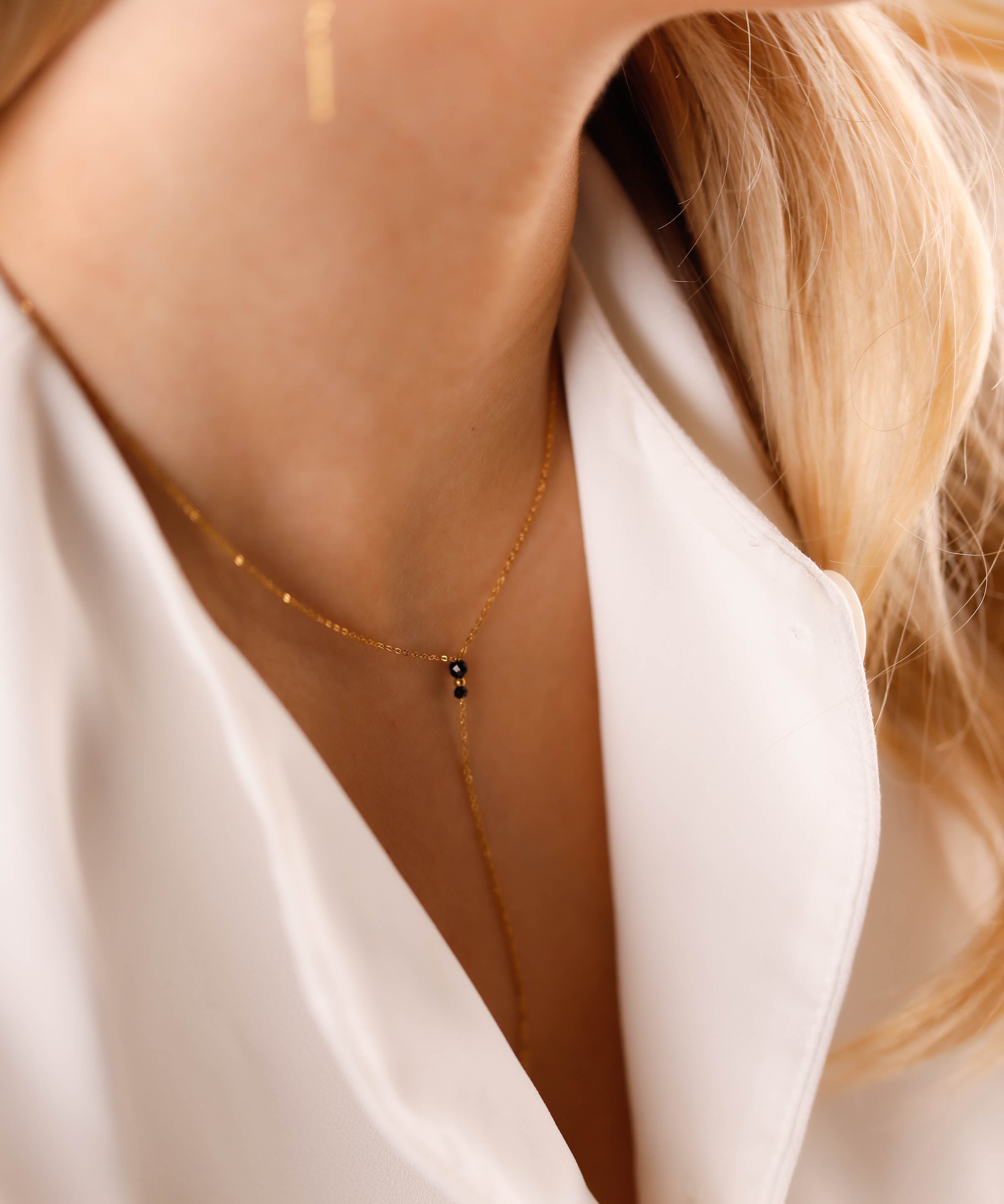 collier sautoir en acier inoxydable et onyx pour femme 