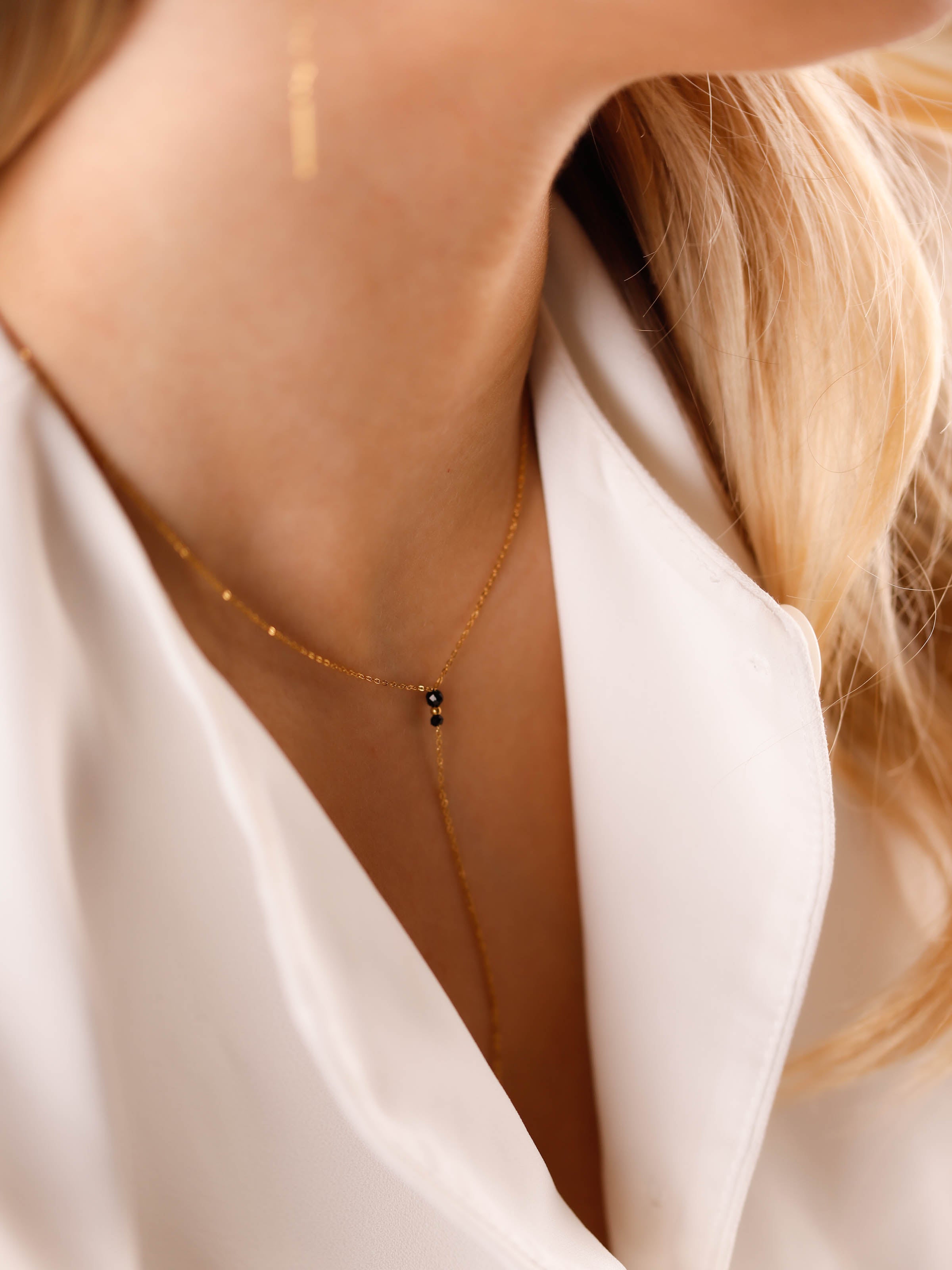 collier sautoir en acier inoxydable et onyx pour femme 